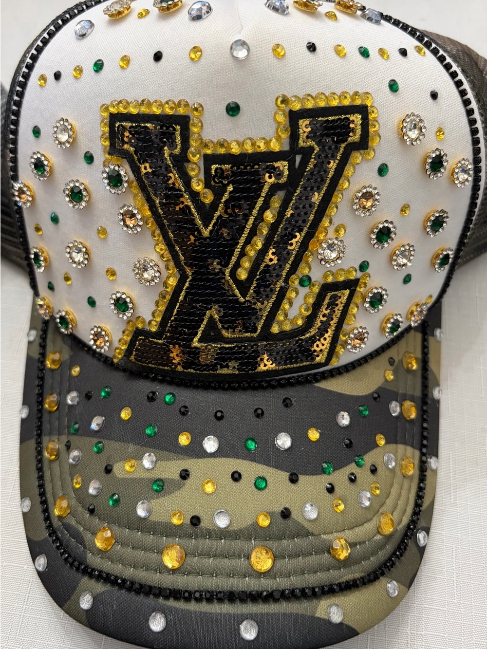 Embellished White & Camouflage Crystal Baseball Cap